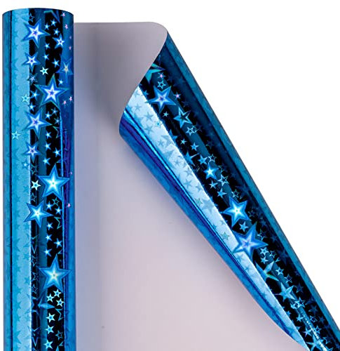 Holijolly Blaues holografisches Geschenkpapier – Mini-Rolle – Sterndruck für Geburtstag, Urlaub – 44 cm x 10 m