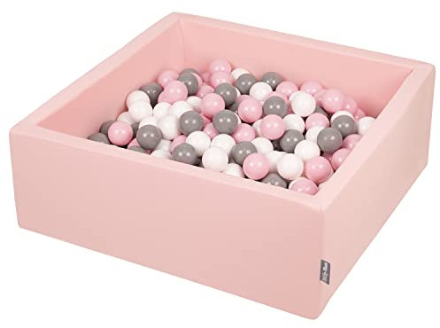 KiddyMoon Bällebad 90X30cm/300 Bälle ∅ 7Cm Bällepool Mit Bunten Bällen Für Babys Kinder Quadrat, Rosa:Weiß/Grau/Rosa