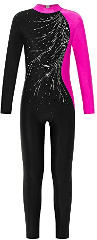 Doomiva Mädchen Turnanzug Ganzkörper Gymnastikanzug Glitzer Overall Sportbody Mit Strass Eiskunstlauf Anzug Langarm Leotard Hot Rosa 134-140