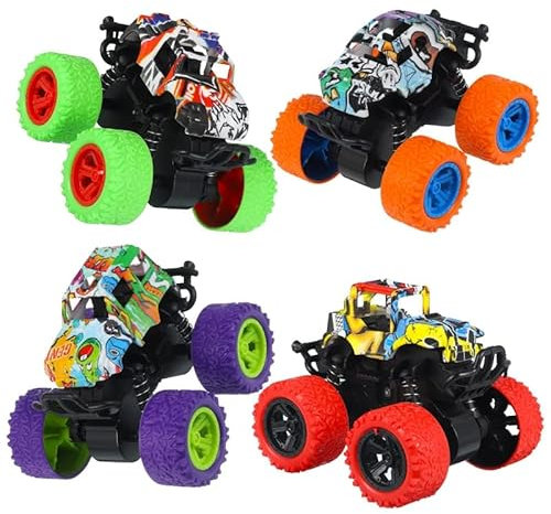 Tagaremuser 4 Stück Monster Truck, Monstertruck Kinder, Monster Truck Spielzeug Reibungsbetriebene LKW Zurückziehen,360° Rotation Inertia Vehicle,Geschenk für Kinder Jungen ab 3 Jahren(Stil 1)