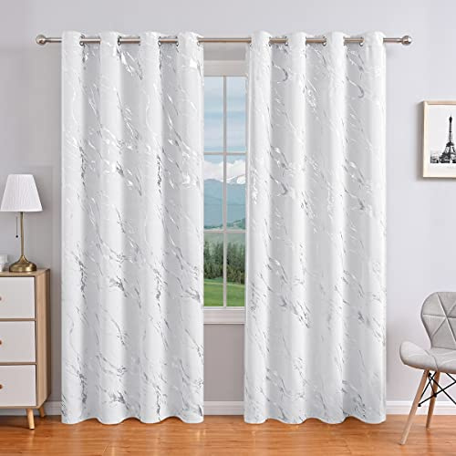 Delien Gardinen Blickdichte mit Ösen Gardinenschals Modern Verdunkelung Vorhang Wohnzimmer Ösenschals »Marmor« Fenster Gardinen mit Gold- und Silberdruck 1 St. Weiß,BxH 140x225cm