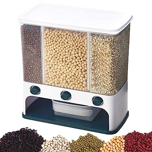 Syfunlv Kitchen Dry Food Dispenser, Cereal Grain Rice Dispenser, Wall-Mounted Dry Food Dispenser, Transparent Dry Food Storage Containers with Lid For Candy, Nuts, Beans, 30.5 * 29.5 * 15.5cm (Blue)