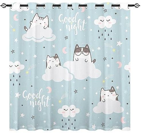 YUANZU Katze Vorhänge Jungen Mädchen Schlafende Tiere Ösen Gardinen mit Blickdichte Vorhang Kälteschutz Blackout Curtain Kinderzimmer Schlafzimmer Verdunkelung Fenster, 2 Stück, H 260 x B 200 cm