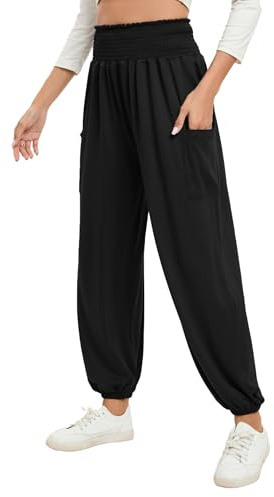 Famulily Women's Harem Pants with Pockets Casual Loose Yoga Pants Solid Color Flowy Beach Trousers Black L