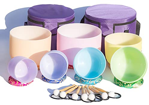Bonbonfarbenes Kristall-Klangschalen-Set, 6–12 Zoll, mit Seidenbrokat-Kissen, robusten Tragetaschen, ausgleichendes Körperchakra, Anpassung des emotionalen Zustands (Größe: 432 Hz)