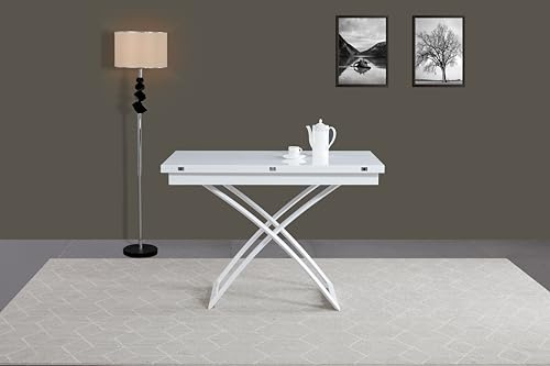 VOLERO' ; Table Transformable Peu encombrante, modèle Odisseo Medium, mécanisme Montants avec réglage millimétrique de la Hauteur. (Blanc laqué)