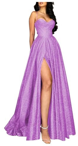 Stillluxury Glitzer Lang Ballkleid mit Schlitz Spaghettiträger Abendkleid A Linie Hochzeitsgast Kleid PM94, A-Flieder, 40