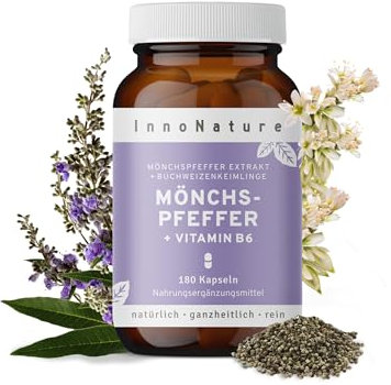 InnoNature Mönchspfeffer + Vitamin B6 Kapseln | aus natürlichem Mönchspfeffer Extrakt (Agnus Castus) | 180 Kapseln, Bio Mönchspfeffer Extrakt (4:1) 10mg. Laborgeprüft und Vegan