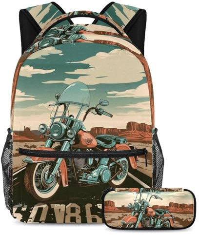 Vintage Route Motorrad, 2-teiliges Schulranzen-Set für Kinder, Rucksack und Federmäppchen, Vintage Route Motorrad, Größe L