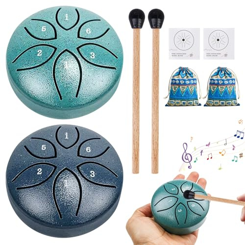 Steel Tongue Drum, 2 Stück Stahlzungentrommel 3 Zoll 6 Töne, Regentrommel, Zungentrommel Schlagzeug Instrument mit Stofftasche Schlägel Musikbuch, Mini Pan Drum für Klangheilung Meditation Yoga