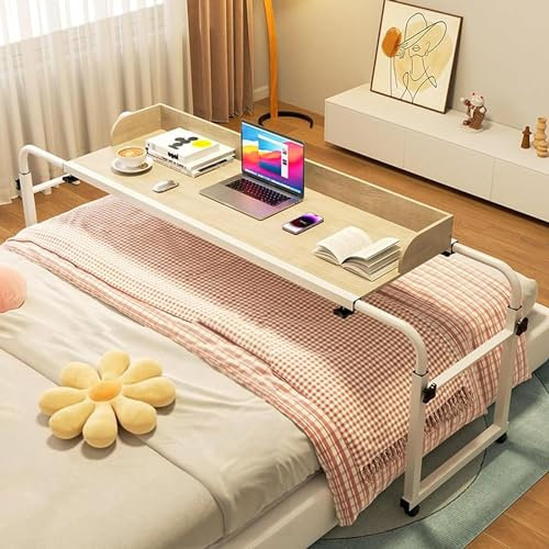 Mobiler Nachttisch mit Rollen, höhenverstellbar 65–95 cm, Computertisch, Steharbeitsplatz, Essenstablett, Schreibtisch, rollbarer medizinischer Tisch für Einzel-/Doppel-/Queensize-/Kingsize-Bettr