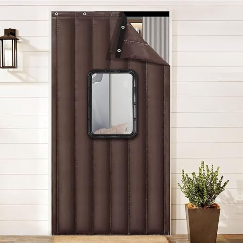 LKPMGOA Rideau de Porte Isolant Thermique, Rideau de Porte Isolé, Couverture D'isolation de Porte Temporaire, avec Fenêtre, Tissu Oxford(Brown,W150cm*H210cm)
