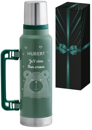 Thermos Café Vert Personnalisé avec Gobelet - Bouteille Isotherme 1400 ml en Acier Inoxydable avec Boite Cadeau - Cadeau Personnalisé pour Mari - Cadeau Copain - Maverton