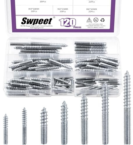 Swpeet 120Pcs 7 Sizes M4 M6 Zinc Hanger Bolts Assortment Kit, Double Headed Bolts, Self-Tapping Screw Hanger Bolts, Dowel Screw Bolts Threaded Rods Bolt Furniture Screws for Wood Furniture Joint