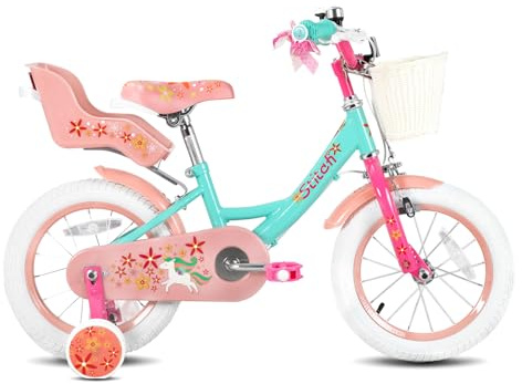 STITCH Enhörning, 16 tums barncykel för 5–7 år, barncykel med dockcykelsäte och stödhjul & korghållare, grön