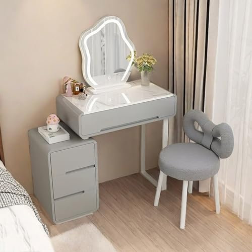 EsmjcQualion Grau Schminktisch mit Beleuchtung, Schminktisch Kommode mit Spiegel und Lichter, 3 Farben LED Hollywood Kommode mit Hocker, 80 cm Breit, Schlafzimmer Kommode, Schminken Tisch(Medium 60cm