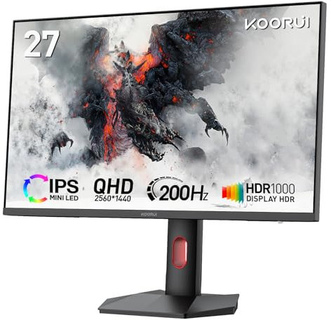 KOORUI QD-Mini LED S2721PM 27 Zoll Gaming Monitor, IPS, 2560x1440, 200Hz 1ms, 300000:1, HDR 1000 Adaptive-Sync, Schwenkbarer Höhenverstellbarer PC Bildschirm mit VESA