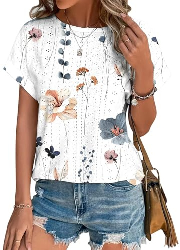 Tomatofrydan T-Shirt Femme Été Chemisier Chic Blouse Col Rond Tops à Manches Courtes Hauts Décontracté Ete T Shirt Imprimé Tunique T-Shirt