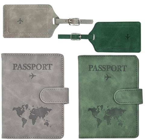 Lguaquanx 2 Stück Reisepasshülle mit 2 Stück Kofferanhänger, Passport Holder für Damen Herren, Leder Passport Cover Reisepass Organiser, Reisepass Schutzhülle für Bankkarten, Kreditkarten