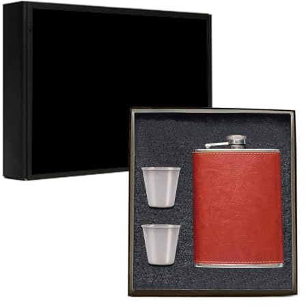 8oz Hip Flask for Liquor, Leather Wrapped Flask Alcohol with Shots, Brown | Leak Proof, Stainless Steel, Pocket Whiskey Flask for Hiking, Camping, Great Birthday Christmas Gift for Men