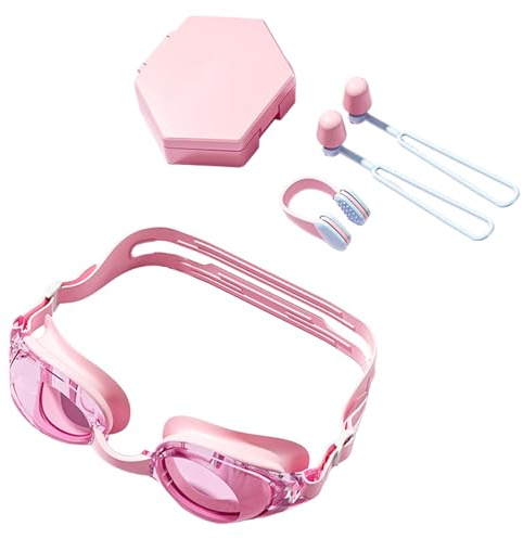 Occhialini da nuoto anti appannamento, con cinturino regolabile, 17 x 5 x 5 cm, antigraffio, con clip per naso e tappi per le orecchie, per allenamento in piscina e spiaggia, per uomini e donne