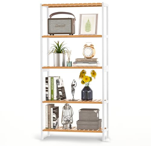 VASMIA Badezimmerregal, Badregal, Küchenregal, Schuhregal Schmal mit 5 Ebenen, Standregal aus Bambus, 26 x 60 x 130 cm, für Bad, Wohnzimmer, Flur, Küche,Schlafzimmer, Balkon，Weiß+Natürlich
