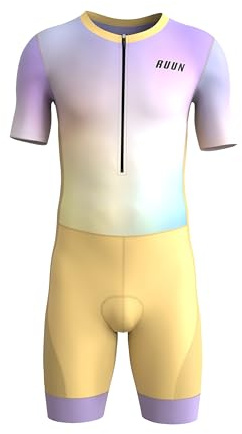 RUUN Men’s Cycling Trisuit Half Sleeve with Pockets Mesh Triathlon Padded Suit with Hi Viz Reflection Skinsuit Power Band and Leg Grippers (Small, Yellow, One Size)
