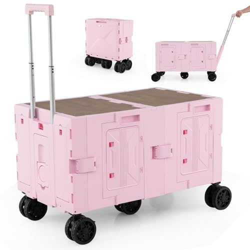 COSTWAY 150L Folding Shopping Trolley, Collapsible Wagon Cart with Telescoping Handle, Cup Holder, Side Doors, Storage Racks & 5 Wheels, Rolling Grocery Utility Storage Boot Cart Box (Pink)