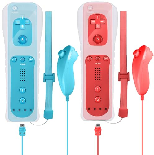 Leikurvo 2er Set Wii-Fernbedienung Gamecontroller, Controller Remote mit Nunchuck Controller für Vernbedinung Remote Plus Ersatz Kontroller Jostick Game Handle für Wii/WiiU Konsole(Rot+Blau)