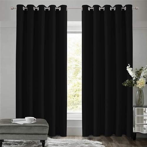 VEHEDE Cortinas Negras Opacas, Juego de 2, Cortinas de Oscurecimiento Térmicas con Ojales, Cortinas de Blackout, Protección Acústica, para Salón, H229x B168 cm