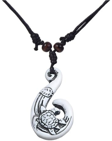 coadipress Hawaiian Fish Hook Pendant Necklace Vintage Maui Beach Sufer Maori Tribal Necklace Hemp Cord Adjustable Chain Protection Amulet Tortoise Shark Necklaces for Men Women