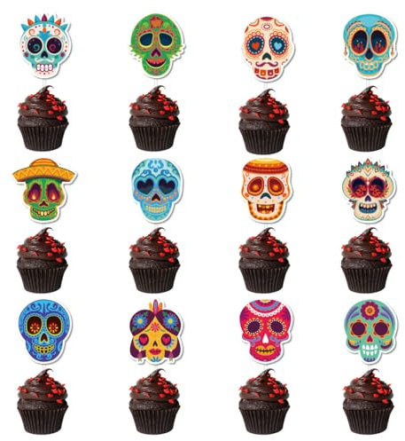 Cupcake-Topper, Motiv: Tag der Toten, Dia De Los Muertos, Cupcake-Picks, Skelett, Zucker, Totenkopf, mexikanischer Fiesta, Kuchenaufsatz für Halloween, Partyzubehör, 24 Stück