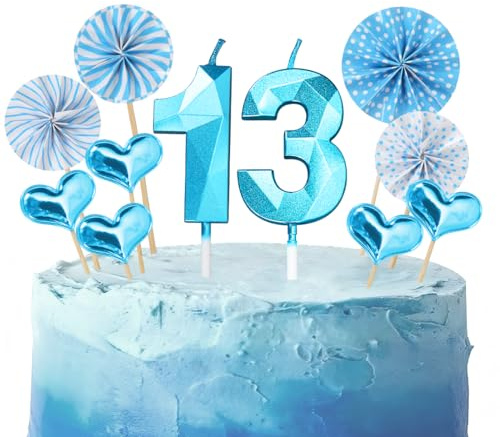 Birthday Candles Numbers 13 Blue, 3D Candles Number 13 Deco Cakes, Birthday Candle Numerical for Children, Decorations for Boys Birthdays for Parties, Weddings