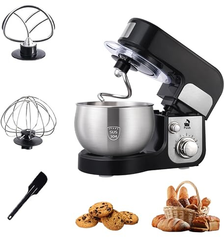 Tripyro 300W 3L Stand Mixer with Bowl 6-Speed Kitchen Electric Mixer for Baking 304 Stainless Steel Food Dough Mixer with Dough Hook Beater Whisk Mixing Machine for Baking Bread Cake Pizza TRP677