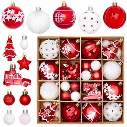 ZenithAura 42 Pieces Christmas Ornaments, Various Styles Christmas Tree Balls, Red and White Plastic Christmas Ornaments for Christmas Tree, Hanging Tree Decor for Indoor