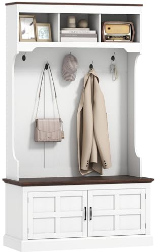 HOMCOM Perchero Zapatero, Perchero Entrada Recibidor con Banco Zapatero 5 Ganchos 3 Estantes Armario y Compartimentos Estilo Rústico para Pasillo Dormitorio Salón 105x40x180 cm Blanco