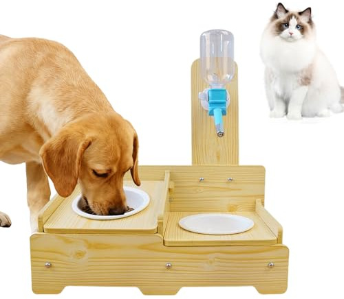 Water Dispenser for Dogs | Height Adjustable Wooden with 2 Bowls – Water and Food Bowls for Dogs – For Puppies Kittens Animals Indoor Home Living Room Balcony Apartment Outdoor