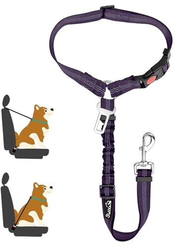 SlowTon Hundbälte för bil, 2-i-1-nackstöd stöd spännbälte hund med universellt spänne justerbar reflekterande elastisk remsa (H.Lila, 1 st. (nackstöd + kläm))