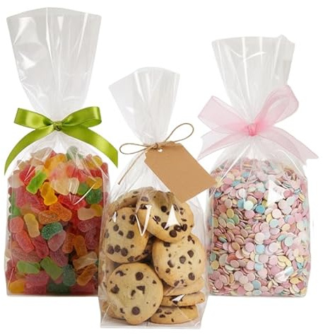Buste Trasparenti con Fondo Quadro Bianco - 100 Sacchetti Per Alimenti 10+6x30 cm - Biscotti, Confetti e Caramelle - Per Feste ed Eventi - RFD