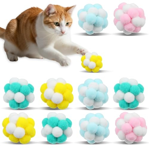 XLIUAX 10 Pack Pom Poms Cat Balls with Bells Inside, Colorful Interactive Cat Balls Toy 4cm Soft Plush Kitten Balls for Indoor Outdoor Playing Chewing Scratching