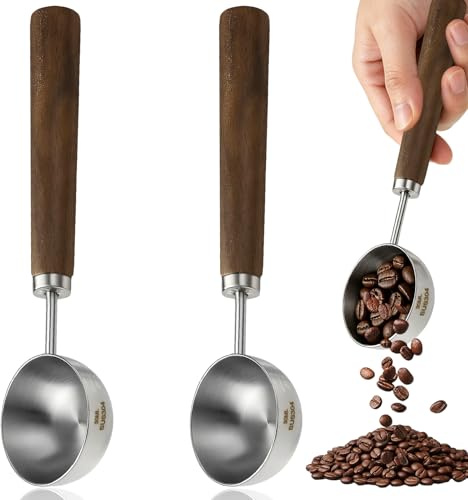 TIANLIN 2 Pezzi Cucchiai Dosatori Retrò da 30 ml – Grande Cucchiaio da Caffè Dosatore in Acciaio Inossidabile con Manico in Noce, per Caffè, Tè, Zucchero & Spezie – Cucchiaio da Espresso, Argento