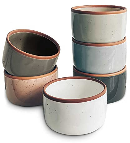 Mora Ceramic Ramekins - 8oz, Set of 6 - Small Oven Safe Baking Dishes/Cups - For Personal Pudding, Creme Brulee, Souffle, Serving Dip, Custard, Ice Cream - Single Mini Bowls - Assorted Neutrals