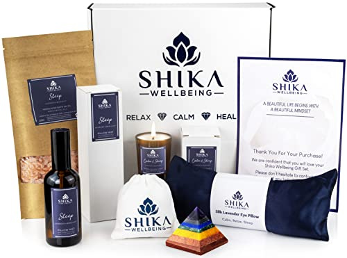 Shika Wellbeing LUXURY SLEEP WELL Pamper Gift Set for Women 100% Silk Lavender Eye Pillow, Pillow Mist, Aromatherapy Candle, Relaxing Bath Salts, 7 Chakra Pyramid Crystal MADE IN UK