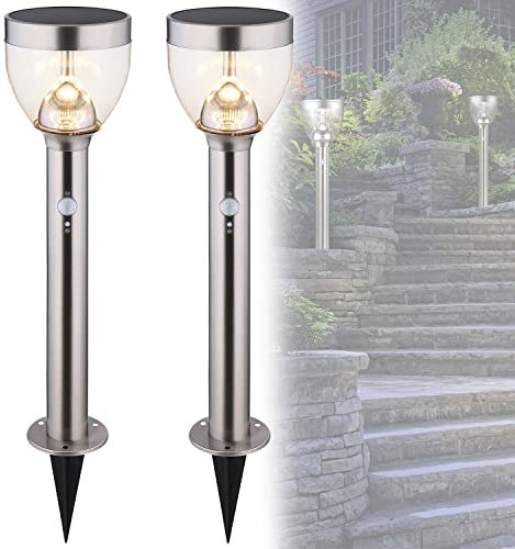 Solarlampen mit Sensor Garten Set 2 Stück - Solarleuchten Wegeleuchten Außen mit Bewegungsmelder - Solarlampe Höhe 55 cm - Außenleuchte Edelstahl - Solarleuchte Gartenlampe Solar Wetterfest