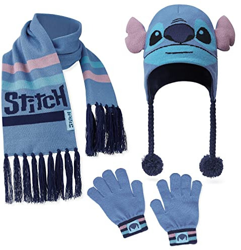 Disney Stitch Mädchen Winter Accessoires, Kinder Mütze, Handschuhe, Schal - Wähle aus Sets, Geschenke für Kinder (Blau Stitch 3-Teilig)