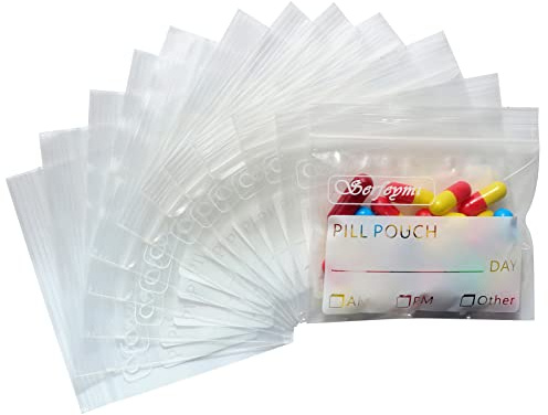 Serfeymi Pill Bags for Travel Pill Pouch Organizer Pack of 120 BPA Free 3 x 2.75 inch Reusable Pill Pouches for Medicine with Write on Label & Zipper Seal Waterproof AM PM Pill Baggies for Supplements