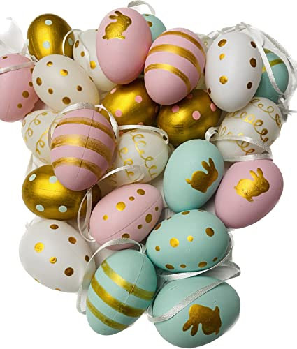 khevga Deko Ostern: Osterdekoration Ostereier mit Band zum Aufhängen Violett Lila im Set (24er Set Lila Gold Mint)