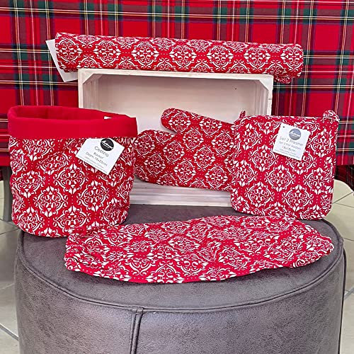 Generico Coordinato Cucina Natalizio Montemaggi Set da 5 Pezzi con Runner Guantone, Presine, Portasacchetti, e Cestino portapane (Damascato 1)