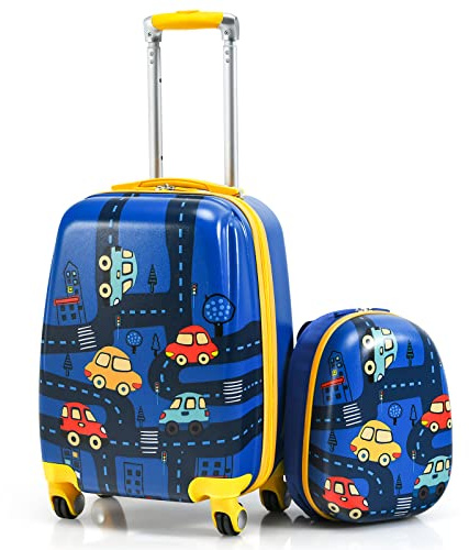 GYMAX Trolley Per Bambini, Set di Valigia & Zaino Scuola Carino (12+18, Auto)