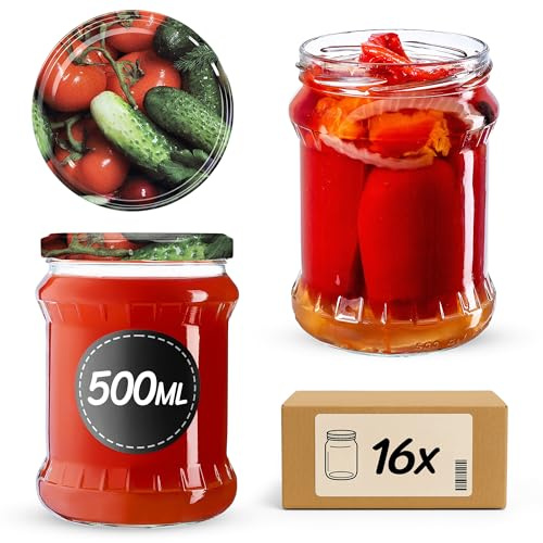 KADAX 16er Set Einmachgläser 500ml TO82 Gemüse, Sturzgläser Mason Jar mit Schraubdeckel, Luftdichte Twist-off Gläser, Meal Prep, Overnight Oats, Sauerteig